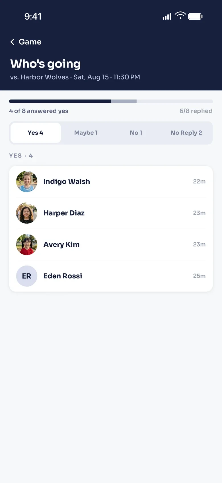 An attendance screen showing which players answered yes, maybe, no or have not replied to a game