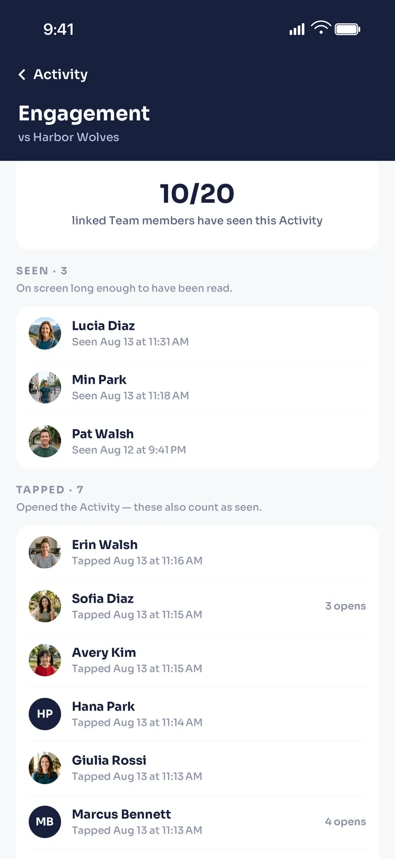An engagement report listing which team members have seen an activity and which have opened it