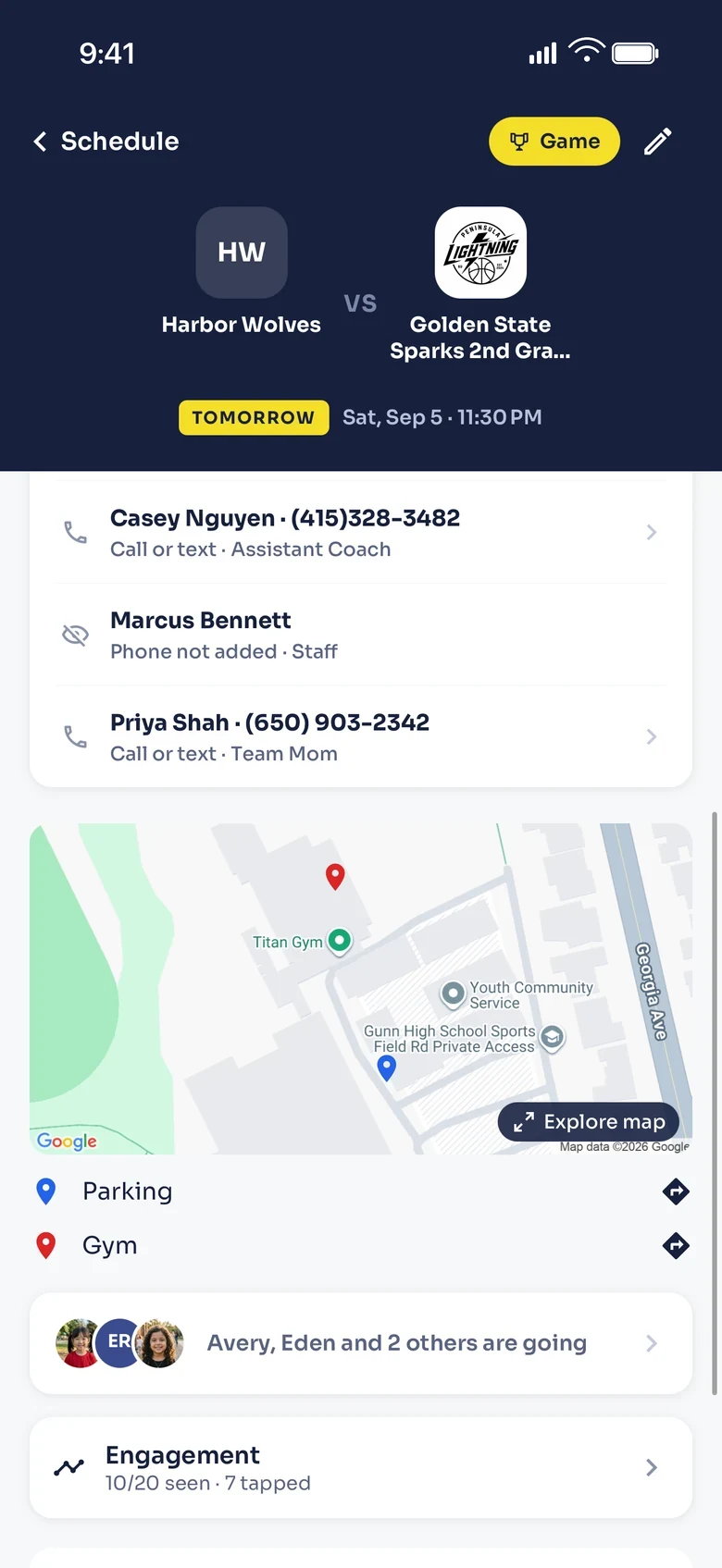 A game detail screen with a map of the venue, pinned separately for parking and for the gym, each with its own directions link