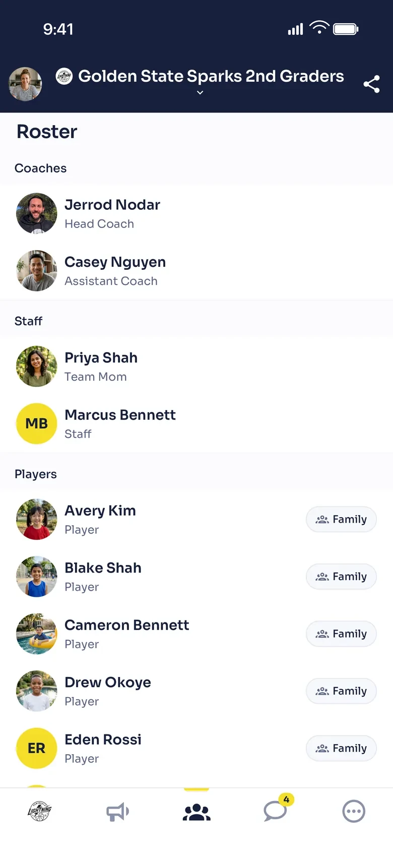 The team roster, grouped into coaches, staff and players, each player linking to their family