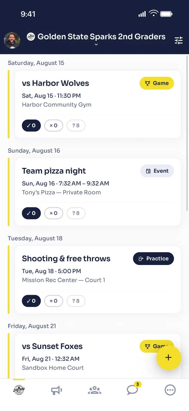The Kinetiq Team schedule, showing upcoming games, a team event and a practice grouped by day